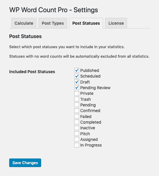 WP Word Count Pro Settings - Post Statuses
